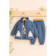Costumas baietel 3 piese albastru – vesta cu iepuras, bluza si pantaloni confortabili trmb50611