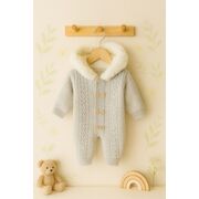 Salopeta groasa gri pentru bebelusi – tricotata, cu gluga pufoasa si nasturi trmb09000