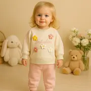 Set 2 piese bluza cu aplicatii florale 3d si pantaloni bumbac 100% moale bbl58