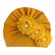 Caciulita galben mustar tip turban cu floricele cu perlute mdx-19057-1-ct4