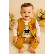 Costumas 3 piese bebelusi cu ursulet - hanorac, bluza si pantaloni comozi trpb0027