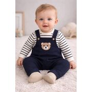 Salopeta bebelusi cu ursulet, bleumarin, set 2 piese – bluza cu dungi & salopeta trpb0006