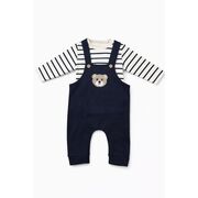 Salopeta bebelusi cu ursulet, bleumarin, set 2 piese – bluza cu dungi & salopeta trpb0006