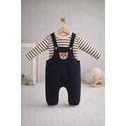Salopeta bebelusi cu ursulet, bleumarin, set 2 piese – bluza cu dungi & salopeta trpb0006