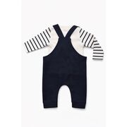 Salopeta bebelusi cu ursulet, bleumarin, set 2 piese – bluza cu dungi & salopeta trpb0006