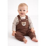 Salopeta bebelusi cu ursulet, maro, set 2 piese – bluza cu dungi & salopeta trpb0005