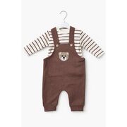 Salopeta bebelusi cu ursulet, maro, set 2 piese – bluza cu dungi & salopeta trpb0005