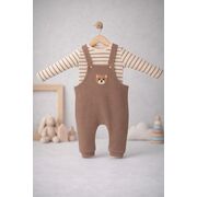 Salopeta bebelusi cu ursulet, maro, set 2 piese – bluza cu dungi & salopeta trpb0005