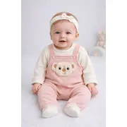 Salopeta bebelusi fetite cu bretele si ursulet aplicat, roz pastel si bluzita alba trpb0024