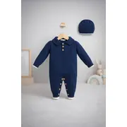 Salopeta tricotata bebelusi baieti cu guler si caciulita, culoare bleumarin tram0011