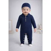 Salopeta tricotata bebelusi baieti cu guler si caciulita, culoare bleumarin tram0011