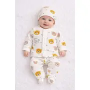 Set bebelusi 3 piese, bumbac rib, imprimeu ursuleti, bluzita cu capse, pantaloni si caciulita trpb0011-cp1