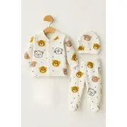 Set bebelusi 3 piese, bumbac rib, imprimeu ursuleti, bluzita cu capse, pantaloni si caciulita trpb0011-cp1
