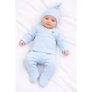 Set bleu pentru bebelusi din bumbac cu bluza petrecuta, pantaloni si caciulita, roz tram0018