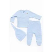 Set bleu pentru bebelusi din bumbac cu bluza petrecuta, pantaloni si caciulita, roz tram0018