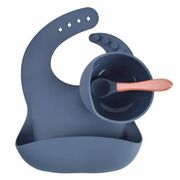 Set din silicon cu bol bavetica si lingurita pentru bebe - bleumarine addta59-2