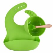 Set din silicon cu bol bavetica si lingurita pentru bebe - verde addta59-7