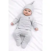 Set gri pentru bebelusi din bumbac cu bluza petrecuta, pantaloni si caciulita, roz tram0019