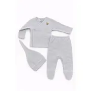 Set gri pentru bebelusi din bumbac cu bluza petrecuta, pantaloni si caciulita, roz tram0019