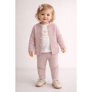 Set roz pudra tricotat 3 piese, cardigan + bluza + pantaloni trpb0008