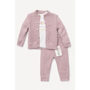 Set roz pudra tricotat 3 piese, cardigan + bluza + pantaloni trpb0008