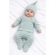 Set verde pentru bebelusi din bumbac cu bluza petrecuta, pantaloni si caciulita, roz tram0020