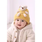Caciulita bebelusi galben mustar tricotata cu ursulet 3d, caciula groasa si confortabila adoctsc07-3-sa4