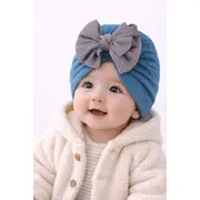 Caciulita bebelusi tip turban albastru petrol cu funda gri, material elastic si confortabil pentru fetite mbx-21008-5-ct3