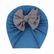 Caciulita bebelusi tip turban albastru petrol cu funda gri, material elastic si confortabil pentru fetite mbx-21008-5-ct3