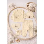 Costumas bebelus 5 piese din bumbac organic cu broderie ursulet, set complet nou nascut trpb0088