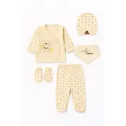 Costumas bebelus 5 piese din bumbac organic cu broderie ursulet, set complet nou nascut trpb0088