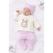 Costumas bebelusi 3 piese crem-roz, bumbac premium, model iepuras trpb0042-cp1