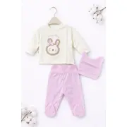 Costumas bebelusi 3 piese crem-roz, bumbac premium, model iepuras trpb0042-cp1