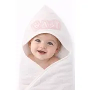 Prosop bebelusi alb cu gluga si aplicatie baby roz, bumbac moale, potrivit pentru baie trpb0071