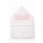Prosop bebelusi alb cu gluga si aplicatie baby roz, bumbac moale, potrivit pentru baie trpb0071