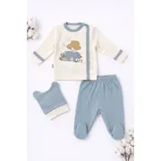 Set 0-3 luni bumbac 3 piese, bluza petrecuta cu nasturi, pantaloni cu botosei si caciulita trpb0058-cp1
