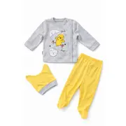Set bebelus 3 piese bumbac cu imprimeu pui, pantaloni cu botosei si caciulita trpb0079-cp1
