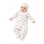 Set bebelus 3 piese bumbac reiat cu inimioare, bluza petrecuta si pantalonasi trpb0080-cp1