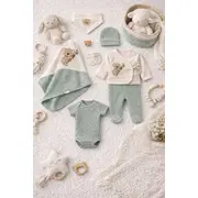 Set bebelus 7 piese bumbac organic cu broderie ursulet, complet pentru nou nascut trpb0085