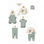 Set bebelus 7 piese bumbac organic cu broderie ursulet, complet pentru nou nascut trpb0085