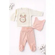 Set bebelusi 3 piese bumbac, body petrecut iepuras, pantaloni cu botosei, caciulita 0-3 luni trpb0055-cp1