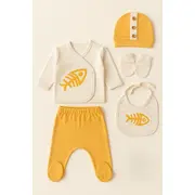 Set serde baby cu imprimeu pești &ndash; 5 piese din bumbac, galben bs2057