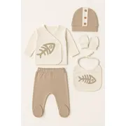 Set serde baby cu imprimeu pești &ndash; 5 piese din bumbac, maro bk2057