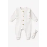 Salopeta bebe bumbac rib alba cu nasturi si bentita set elegant tram0038