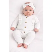 Salopeta bebe bumbac rib alba cu nasturi si bentita set elegant tram0038