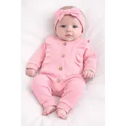 Salopeta bebe fetite bumbac rib cu volanase si bentita set roz tram0037