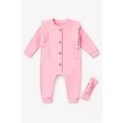 Salopeta bebe fetite bumbac rib cu volanase si bentita set roz tram0037