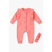 Salopeta bebe fetite bumbac rib roz coral cu nasturi si bentita set tram0039