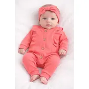 Salopeta bebe fetite bumbac rib roz coral cu nasturi si bentita set tram0039