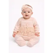 Salopeta fetita roz eleganta bumbac cu dantela si bentita set premium trpb0124